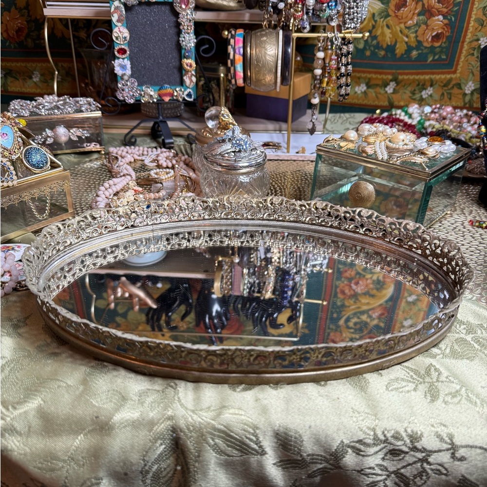 Ornate vintage Gold  Oval Mirror Tray